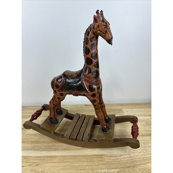 Vintage Folk Art Other - Vintage Hand Carved Hand Painted Wooden Folk Art Rocking Giraffe 13 1/2"